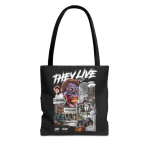 They Live Collage Tote Bag — Retro Sci‑Fi Urban Art Shopper