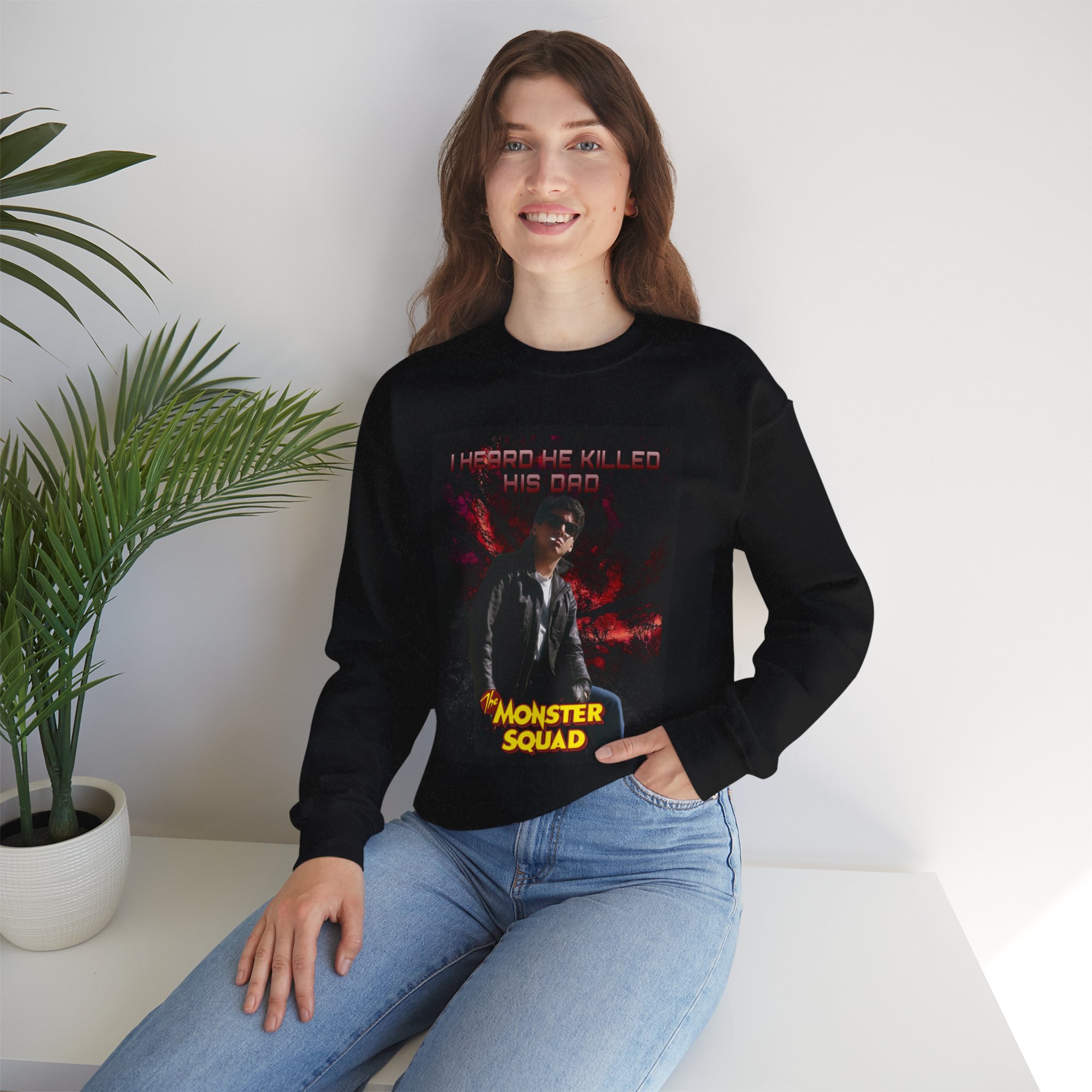 Monster Squad Crewneck Sweatshirt — “I Heard He Killed His Dad” Horror Graphic - Image 8