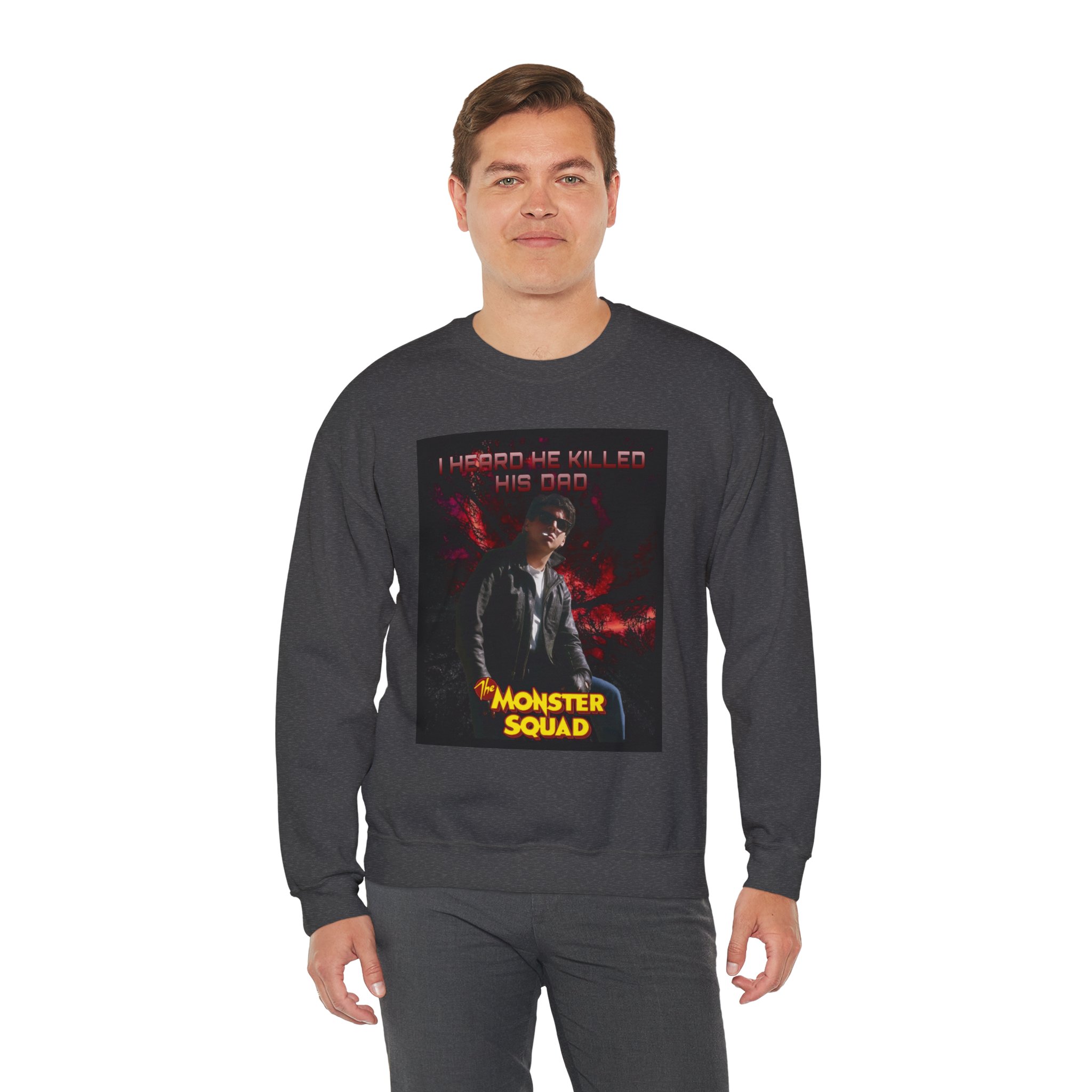Monster Squad Crewneck Sweatshirt — “I Heard He Killed His Dad” Horror Graphic - Image 22