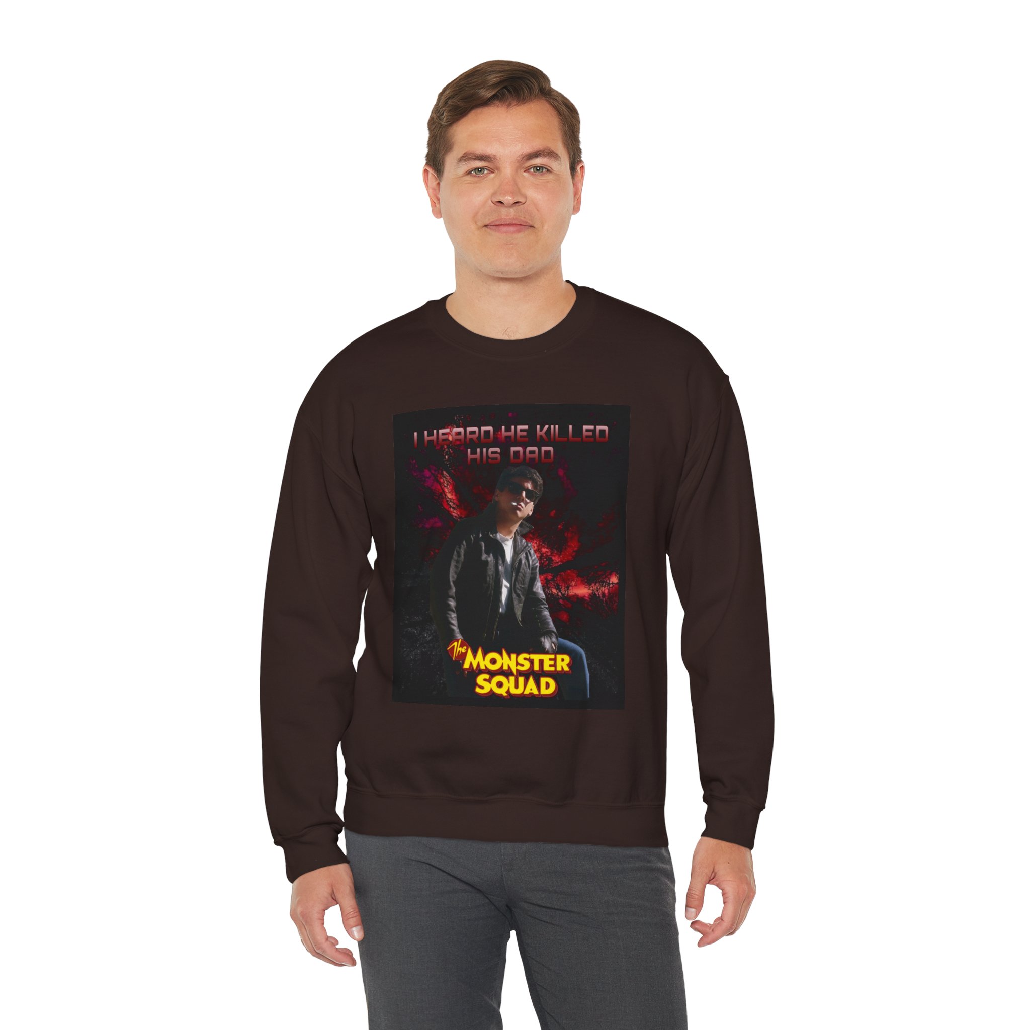 Monster Squad Crewneck Sweatshirt — “I Heard He Killed His Dad” Horror Graphic - Image 14