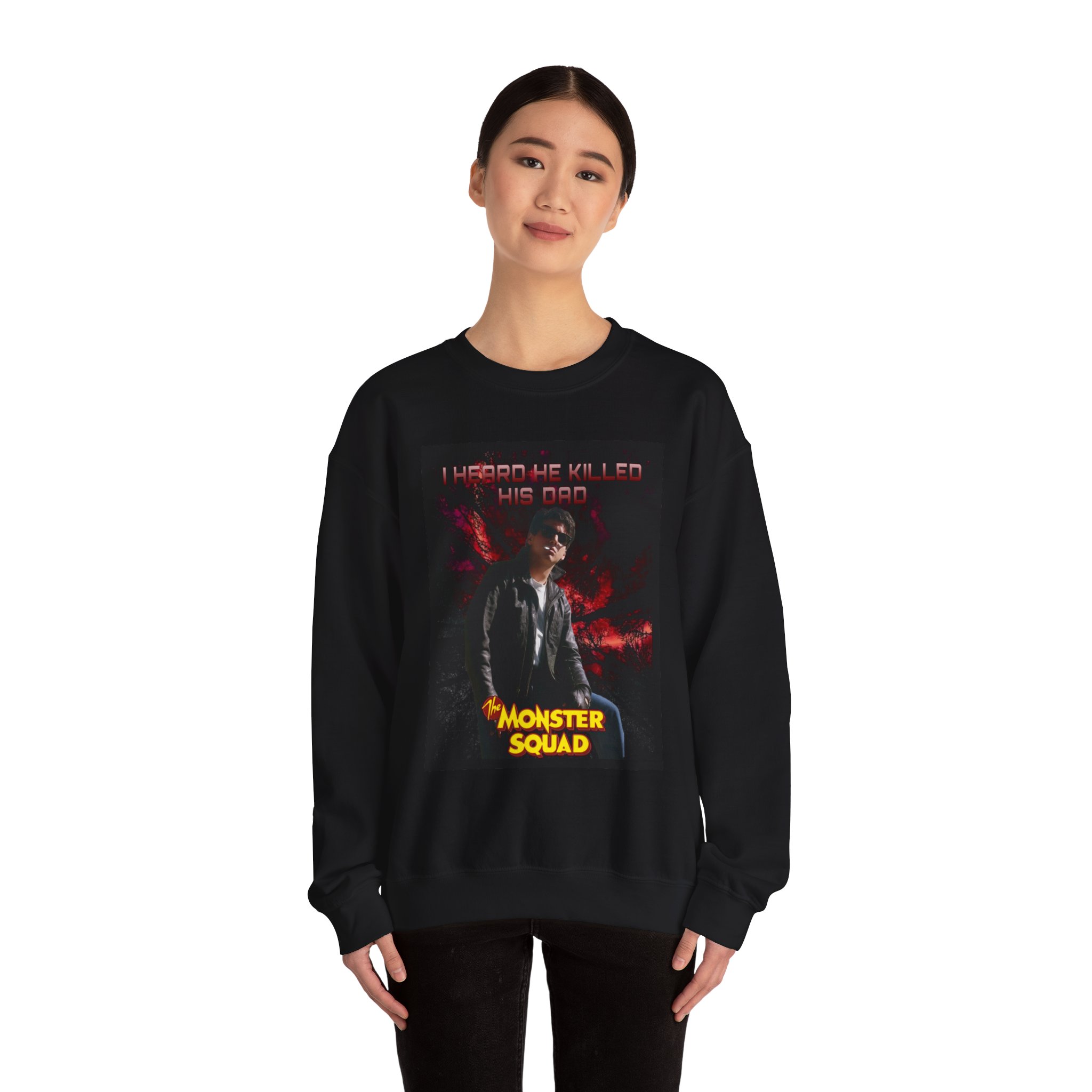 Monster Squad Crewneck Sweatshirt — “I Heard He Killed His Dad” Horror Graphic - Image 5