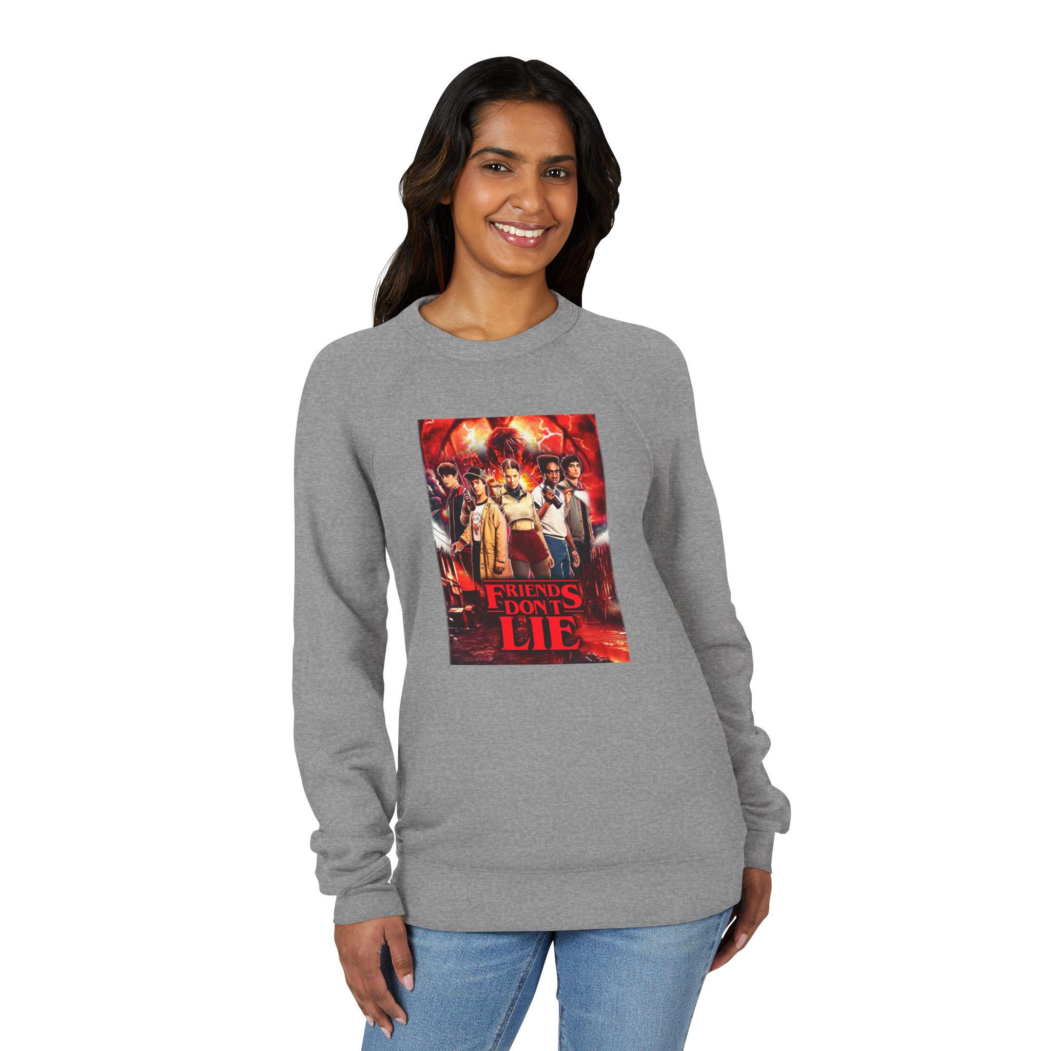Raglan Sweatshirt — "Friends Don't Lie Stranger Things" Retro Stranger Mystery Crewneck - Image 17