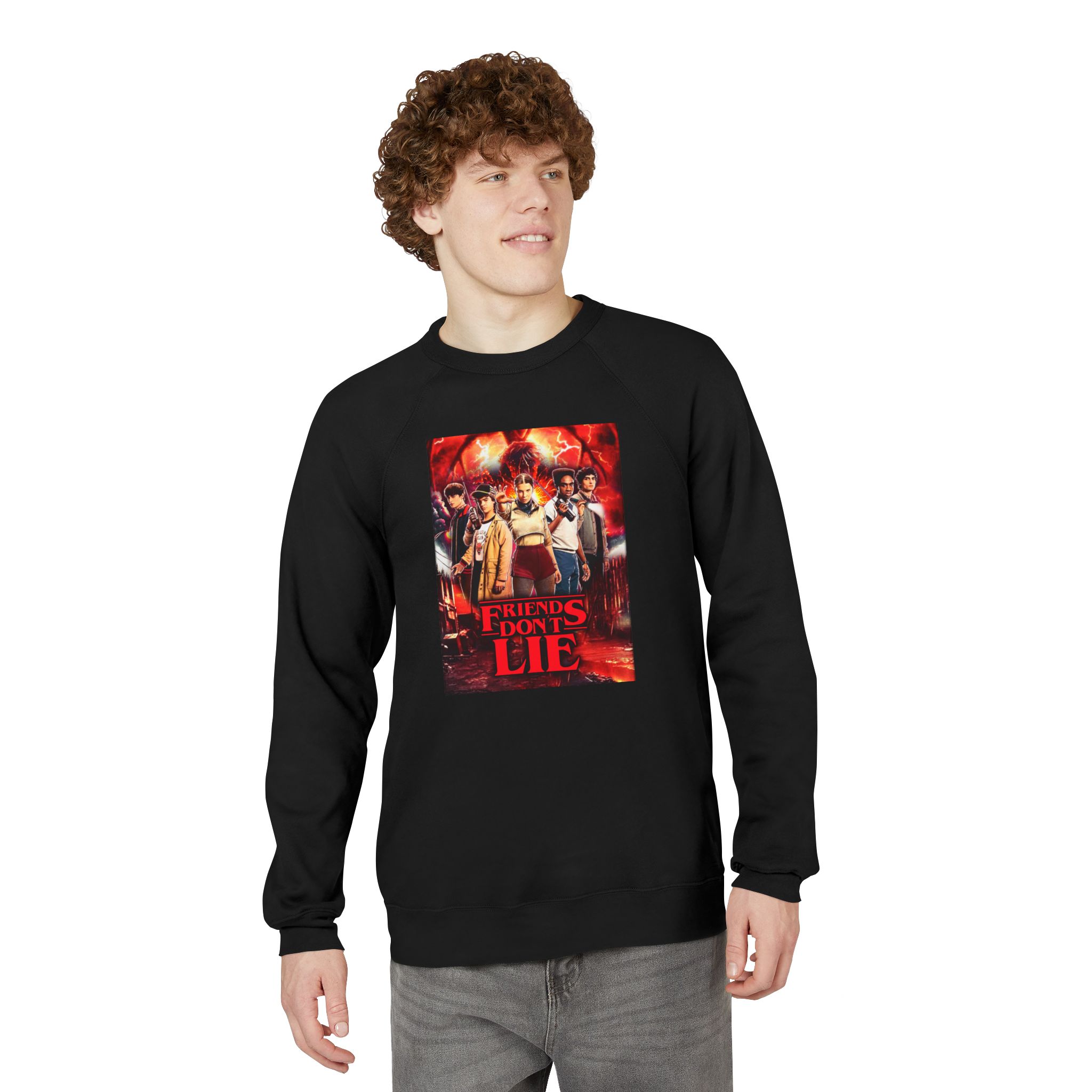 Raglan Sweatshirt — "Friends Don't Lie Stranger Things" Retro Stranger Mystery Crewneck - Image 5