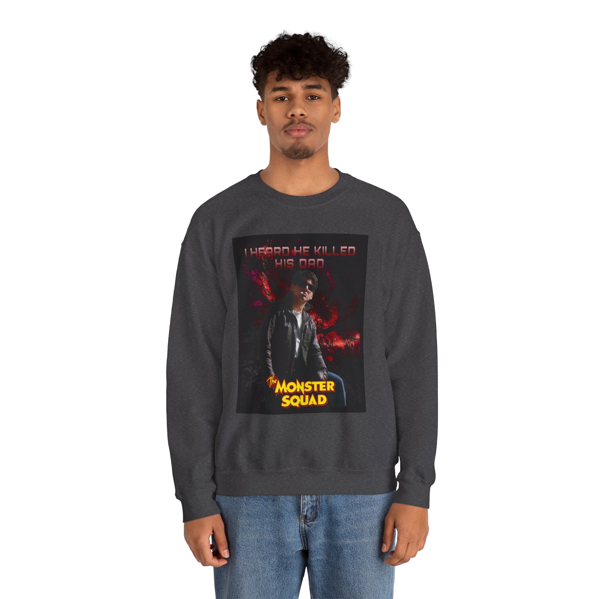 Monster Squad Crewneck Sweatshirt — “I Heard He Killed His Dad” Horror Graphic - Image 21