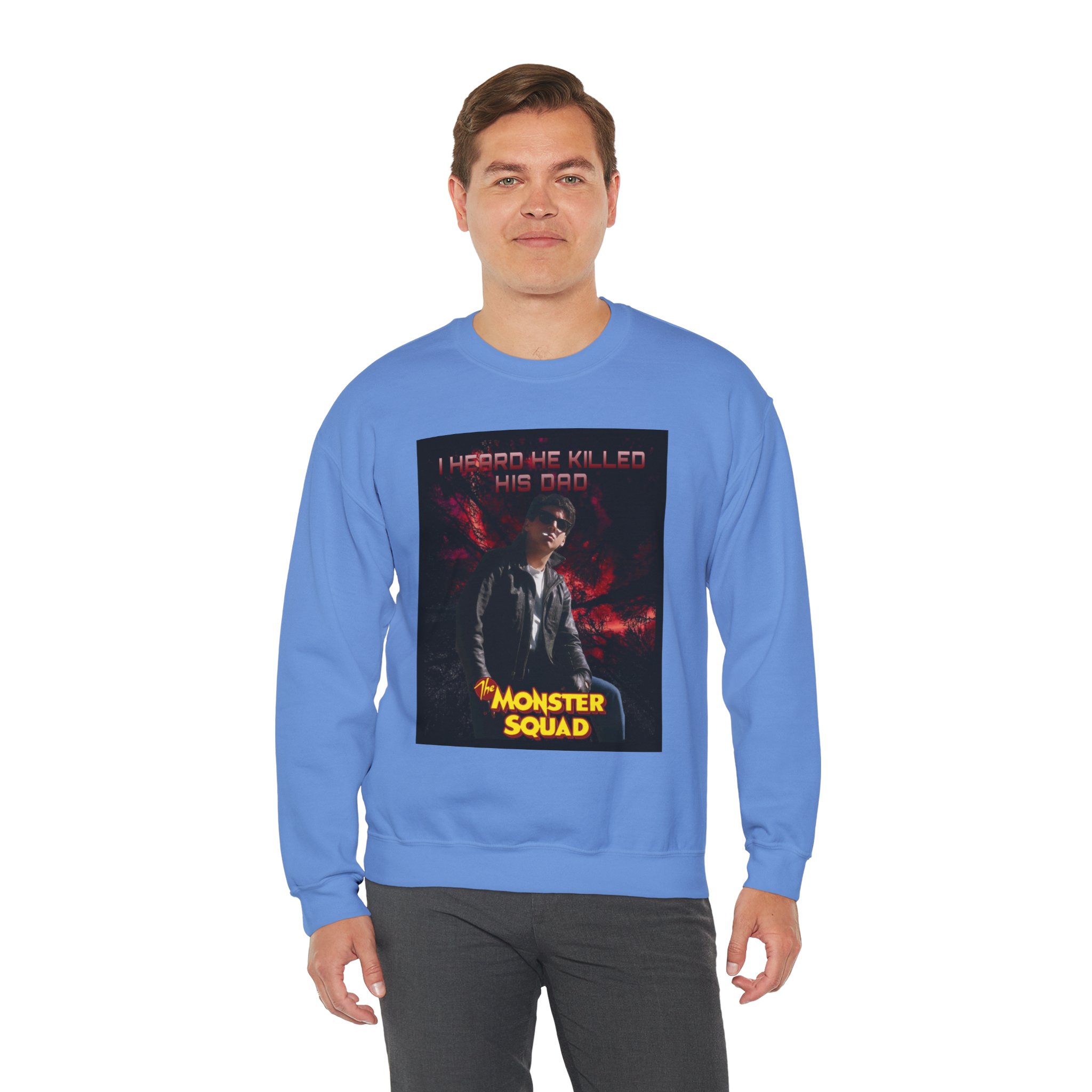Monster Squad Crewneck Sweatshirt — “I Heard He Killed His Dad” Horror Graphic - Image 30