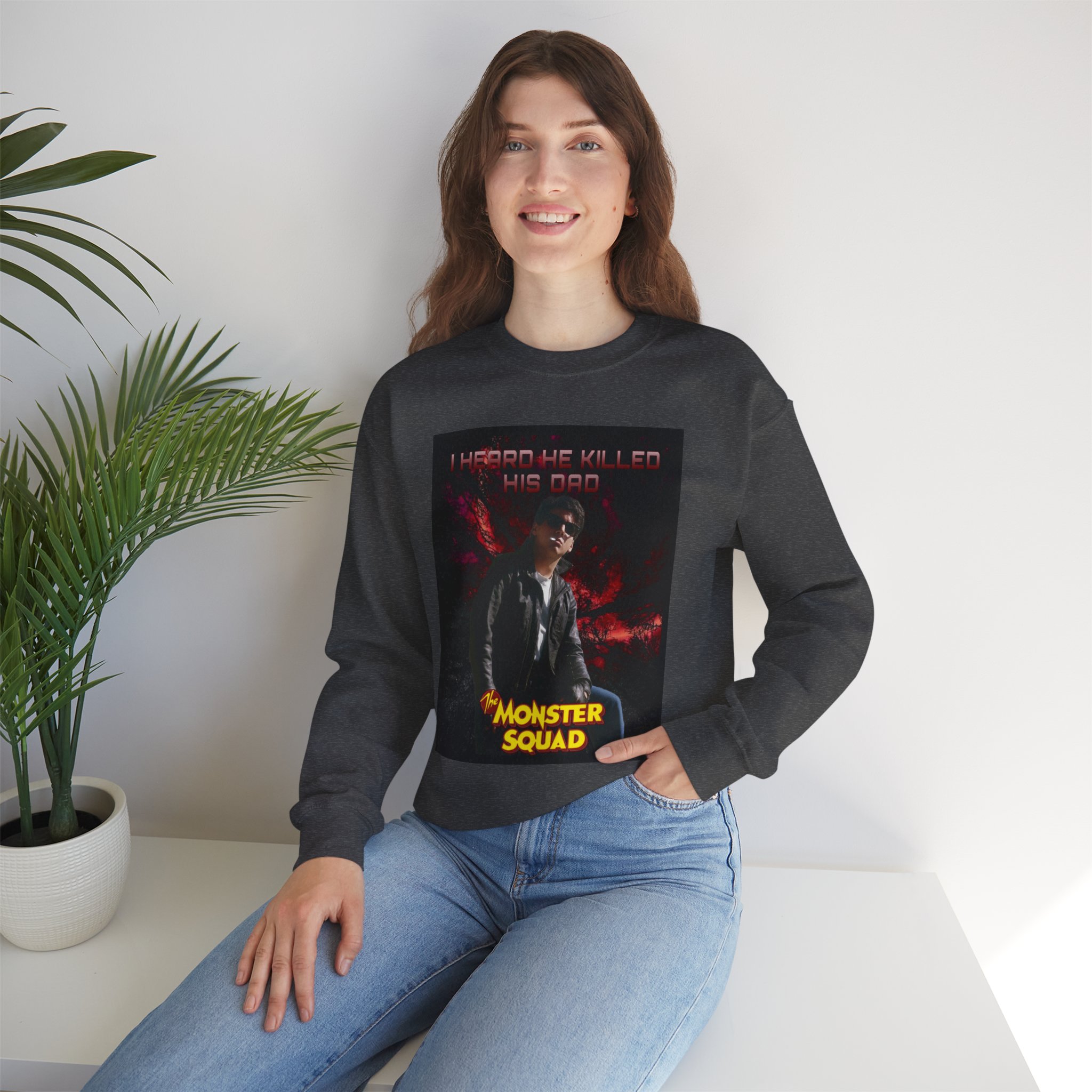 Monster Squad Crewneck Sweatshirt — “I Heard He Killed His Dad” Horror Graphic - Image 24
