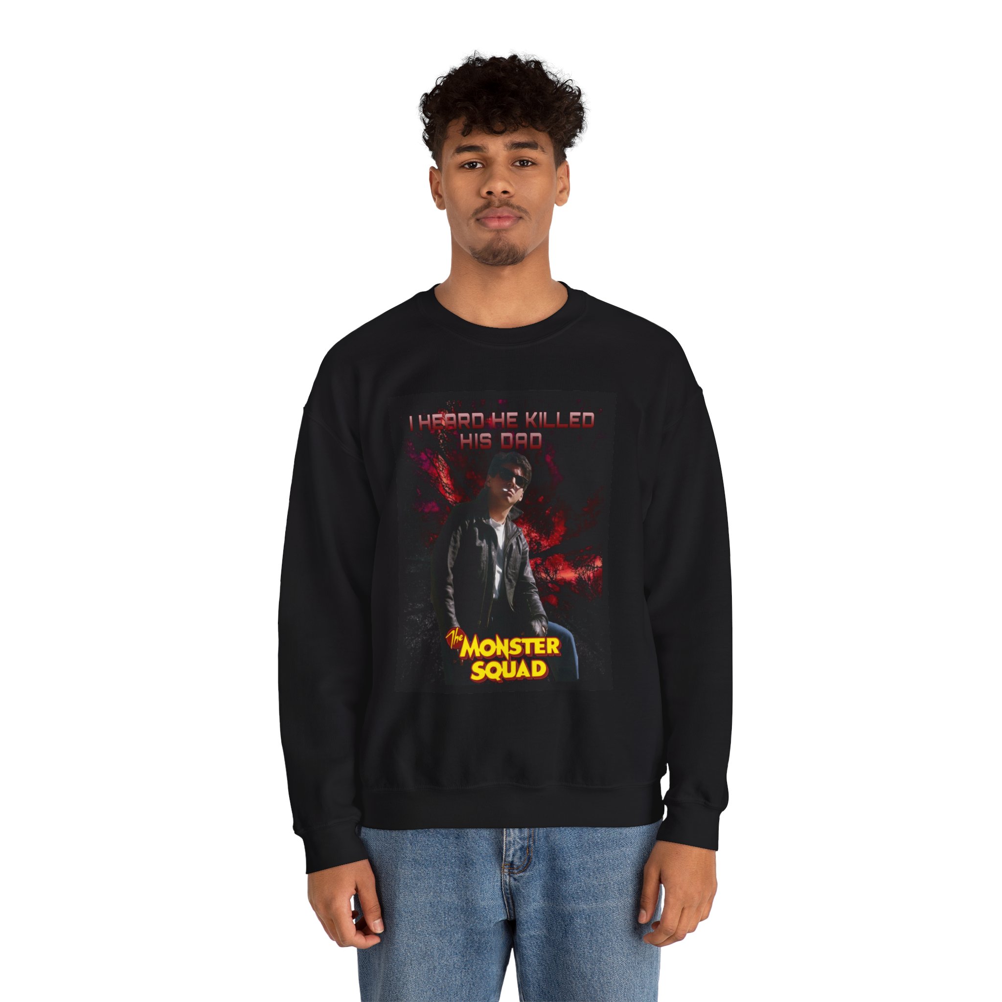 Monster Squad Crewneck Sweatshirt — “I Heard He Killed His Dad” Horror Graphic - Image 6