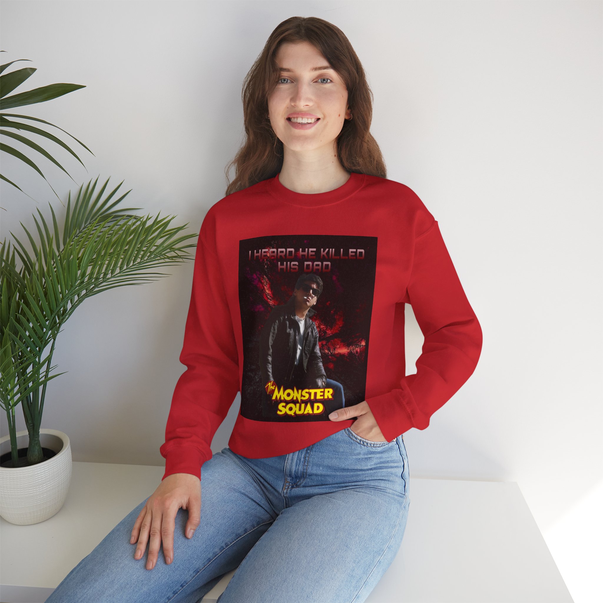 Monster Squad Crewneck Sweatshirt — “I Heard He Killed His Dad” Horror Graphic - Image 56