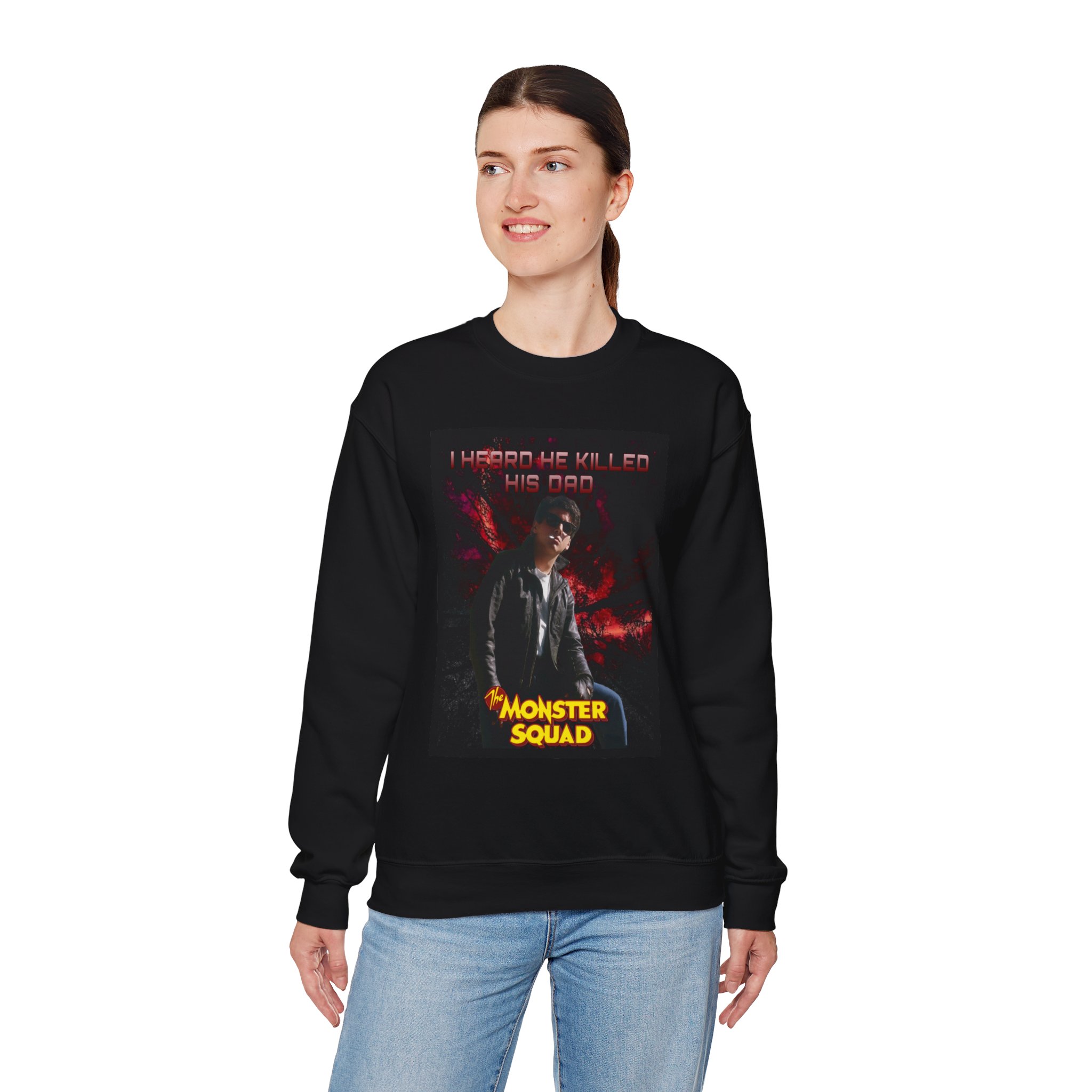Monster Squad Crewneck Sweatshirt — “I Heard He Killed His Dad” Horror Graphic - Image 7
