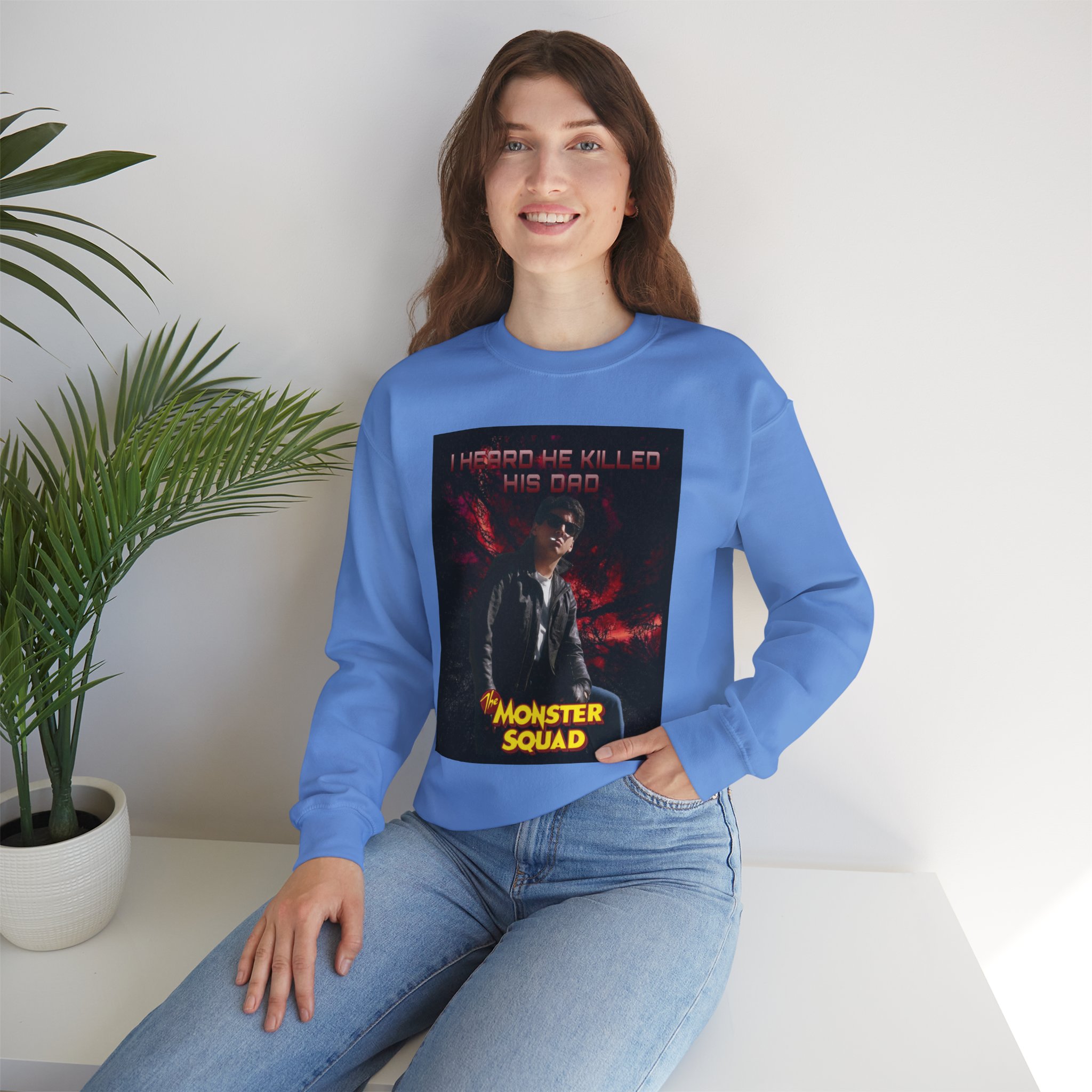 Monster Squad Crewneck Sweatshirt — “I Heard He Killed His Dad” Horror Graphic - Image 32