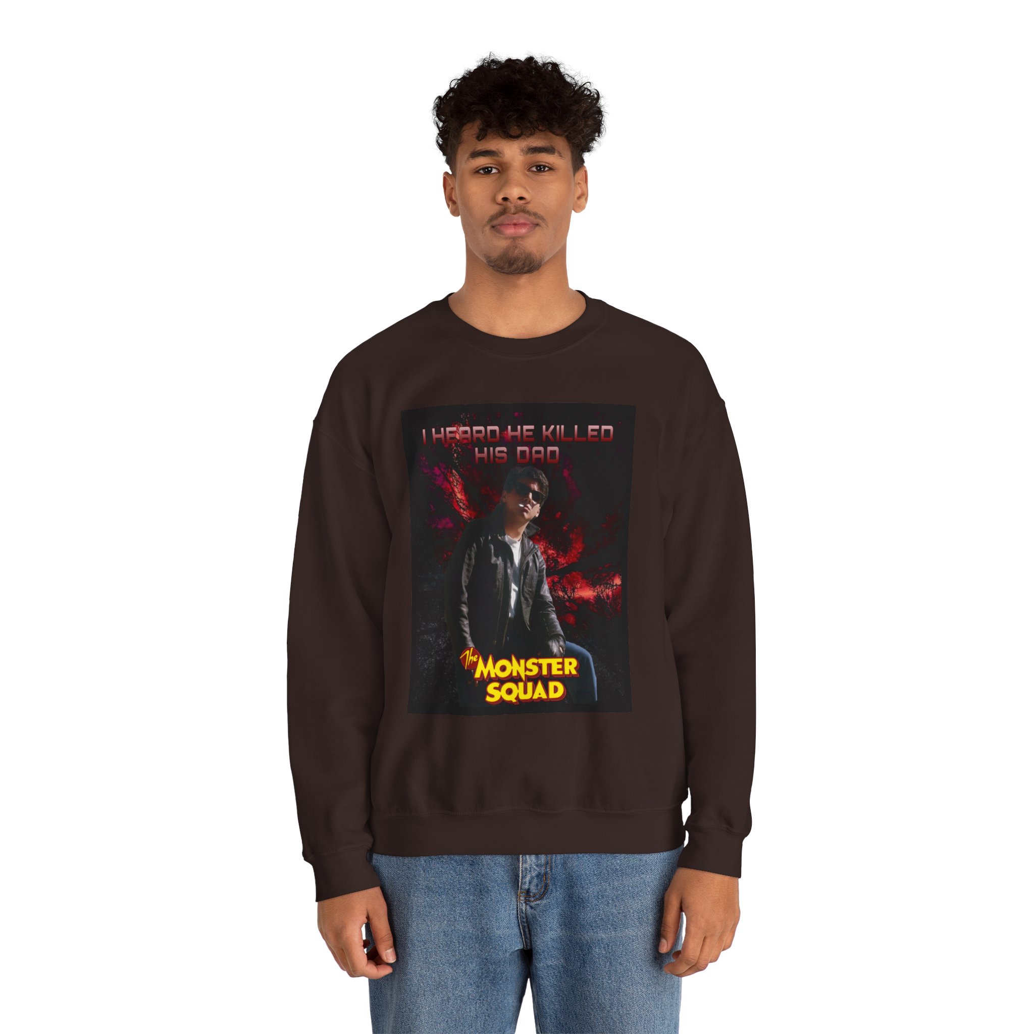 Monster Squad Crewneck Sweatshirt — “I Heard He Killed His Dad” Horror Graphic - Image 13