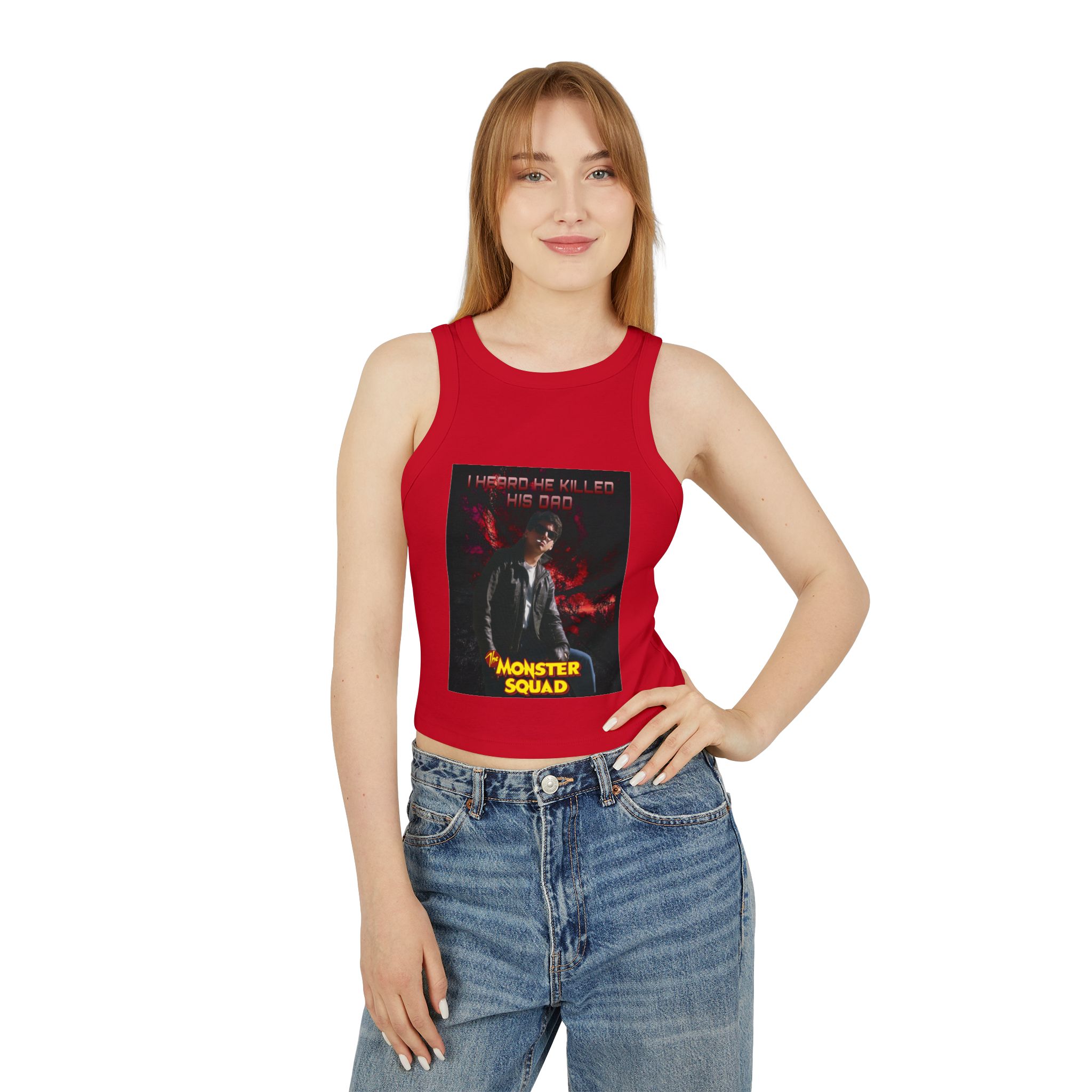 Monster Squad Graphic Tank Top — "I Heard He Killed His Dad" Retro Horror Crop - Image 24