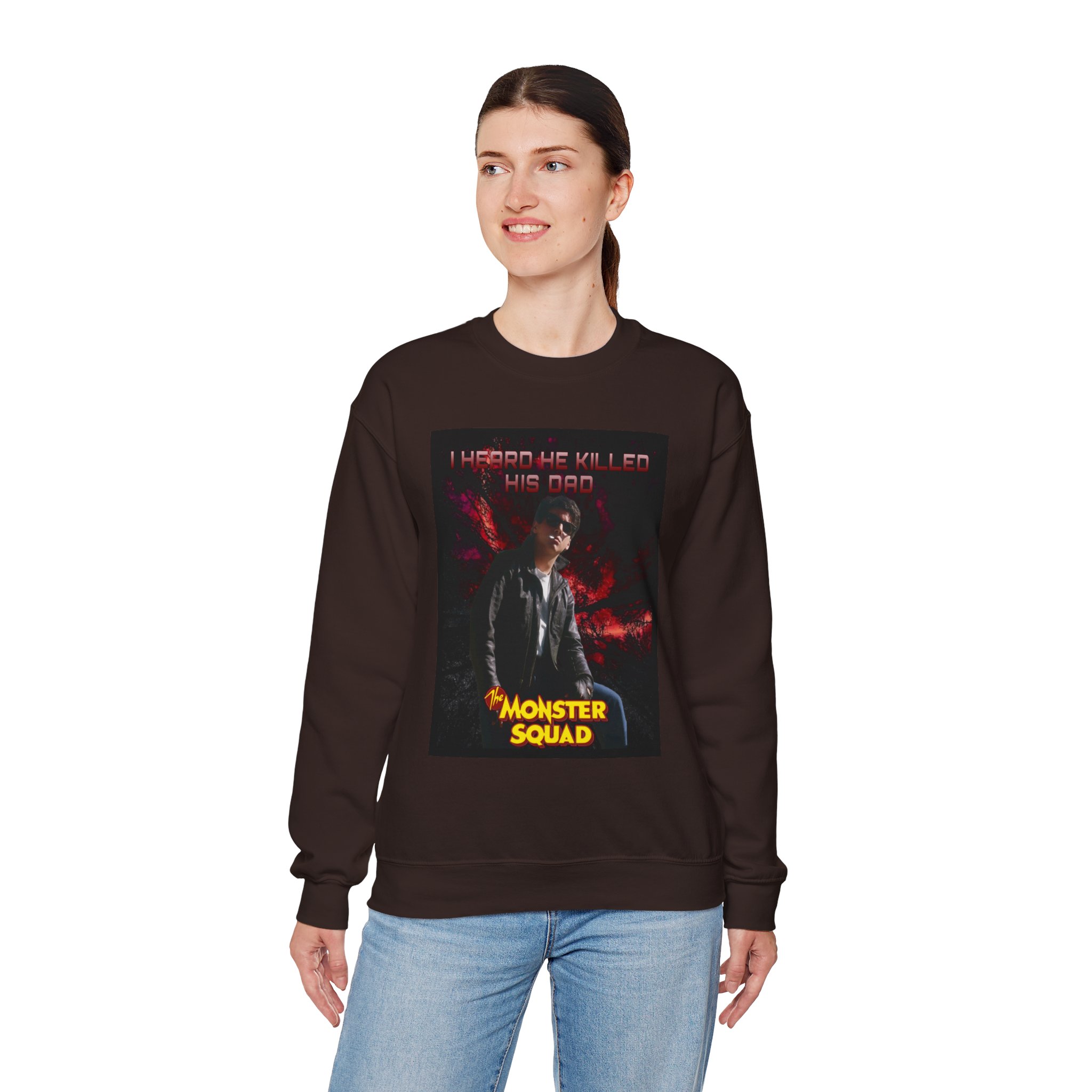Monster Squad Crewneck Sweatshirt — “I Heard He Killed His Dad” Horror Graphic - Image 15