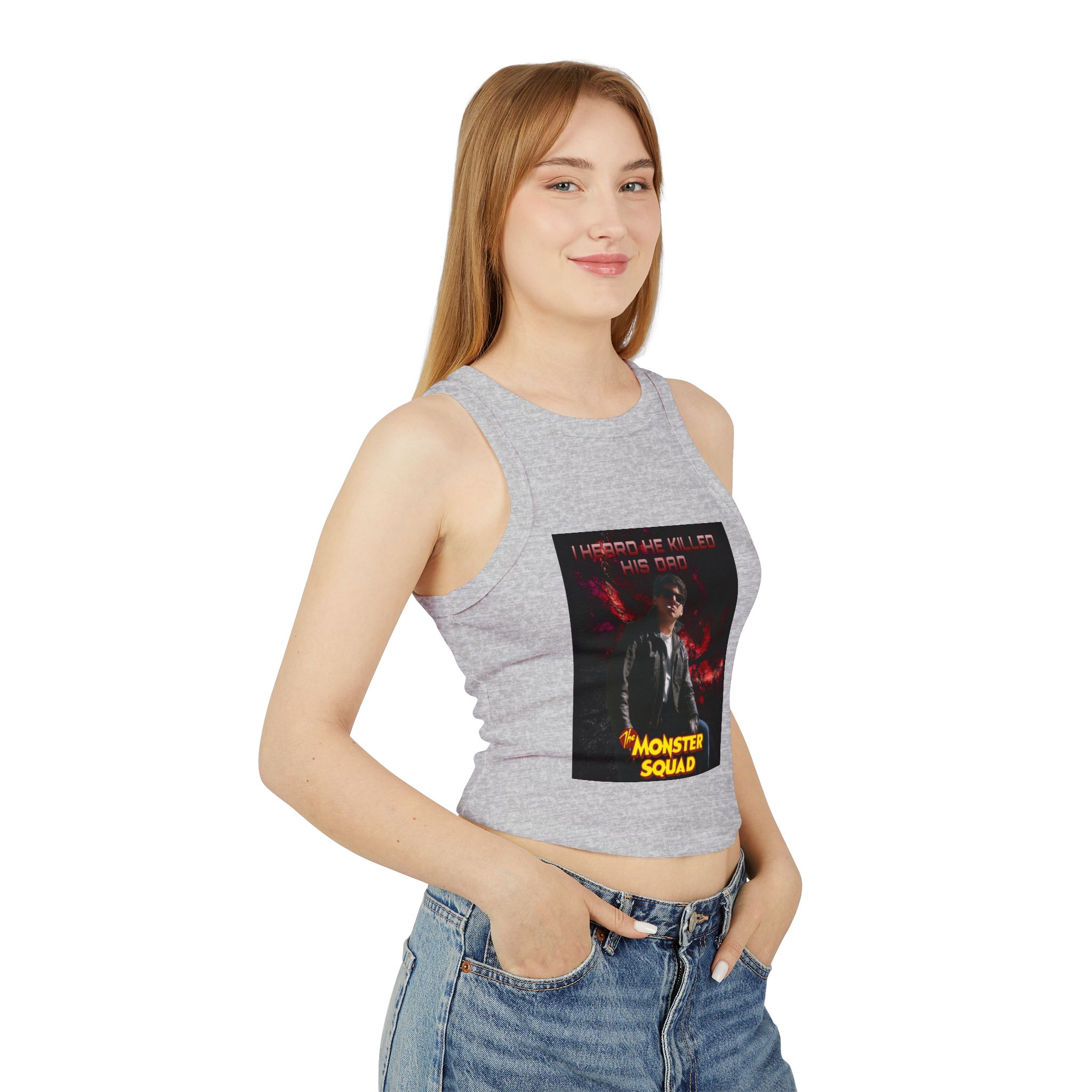 Monster Squad Graphic Tank Top — "I Heard He Killed His Dad" Retro Horror Crop - Image 8