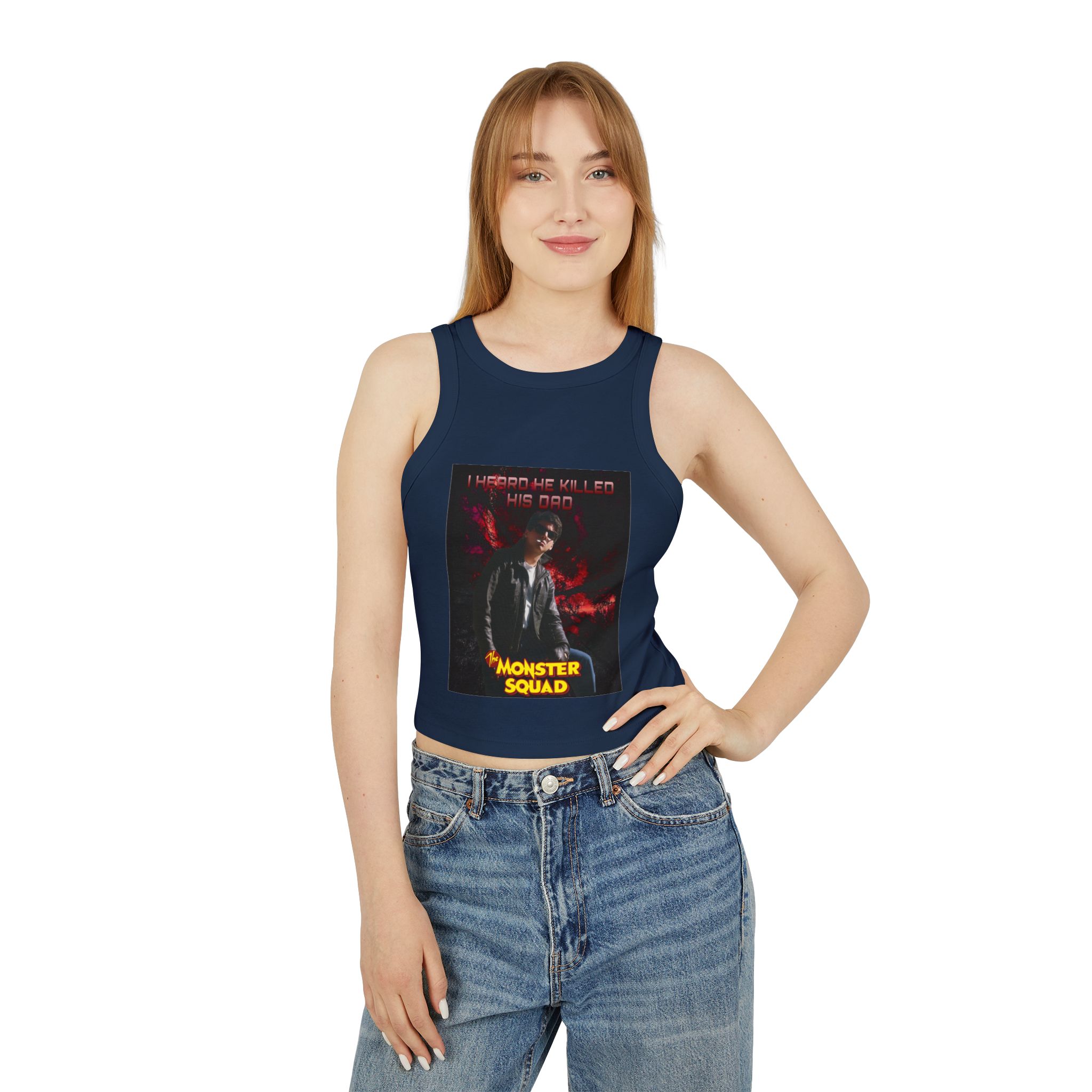 Monster Squad Graphic Tank Top — "I Heard He Killed His Dad" Retro Horror Crop - Image 14