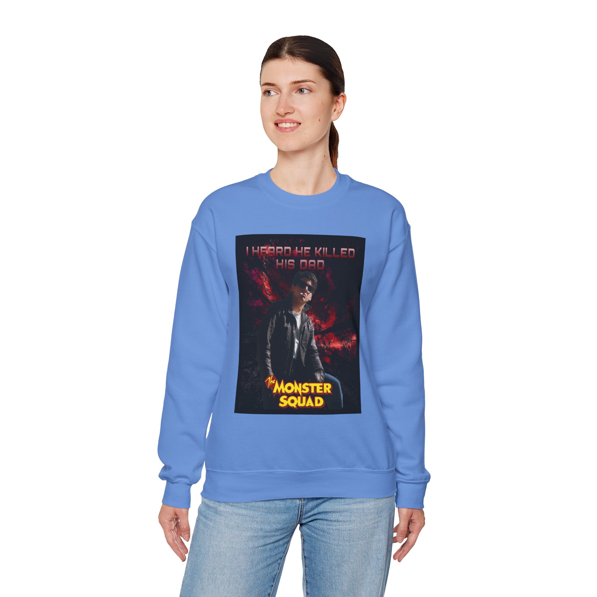 Monster Squad Crewneck Sweatshirt — “I Heard He Killed His Dad” Horror Graphic - Image 31