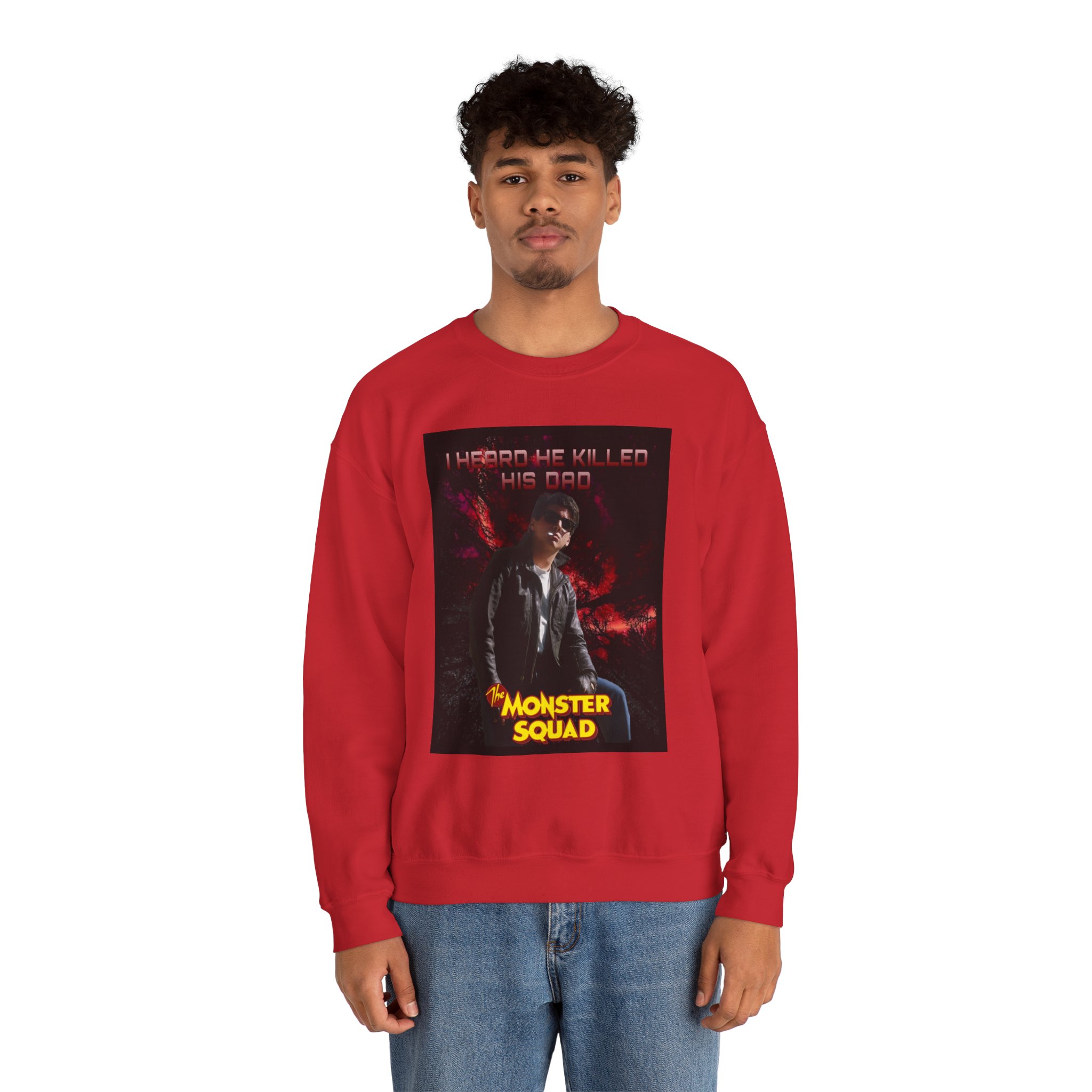 Monster Squad Crewneck Sweatshirt — “I Heard He Killed His Dad” Horror Graphic - Image 53