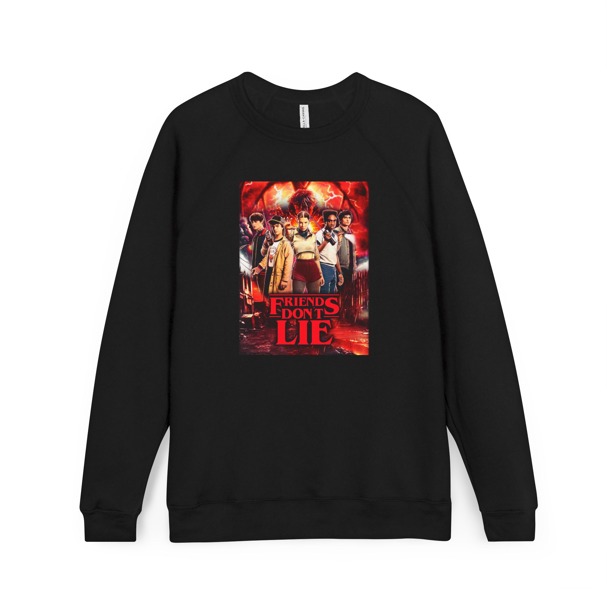 Raglan Sweatshirt — "Friends Don't Lie Stranger Things" Retro Stranger Mystery Crewneck - Image 2