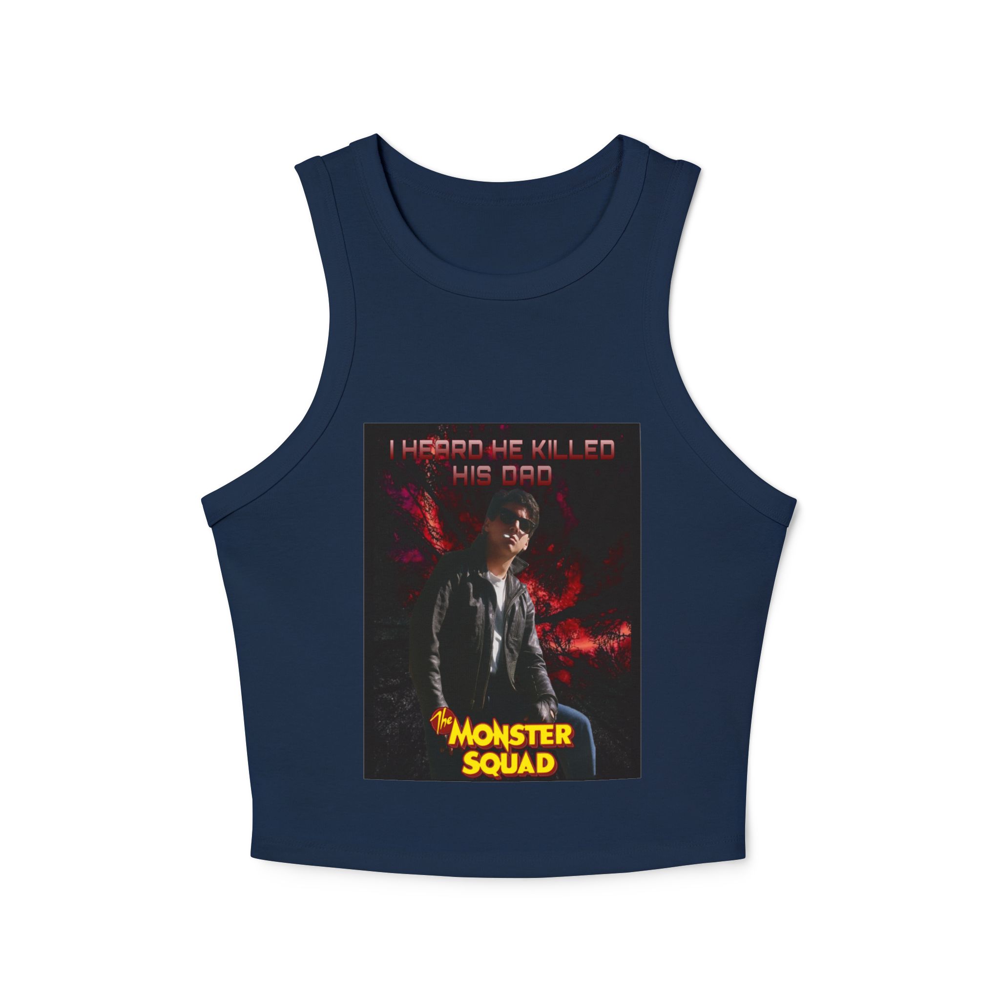 Monster Squad Graphic Tank Top — "I Heard He Killed His Dad" Retro Horror Crop - Image 11