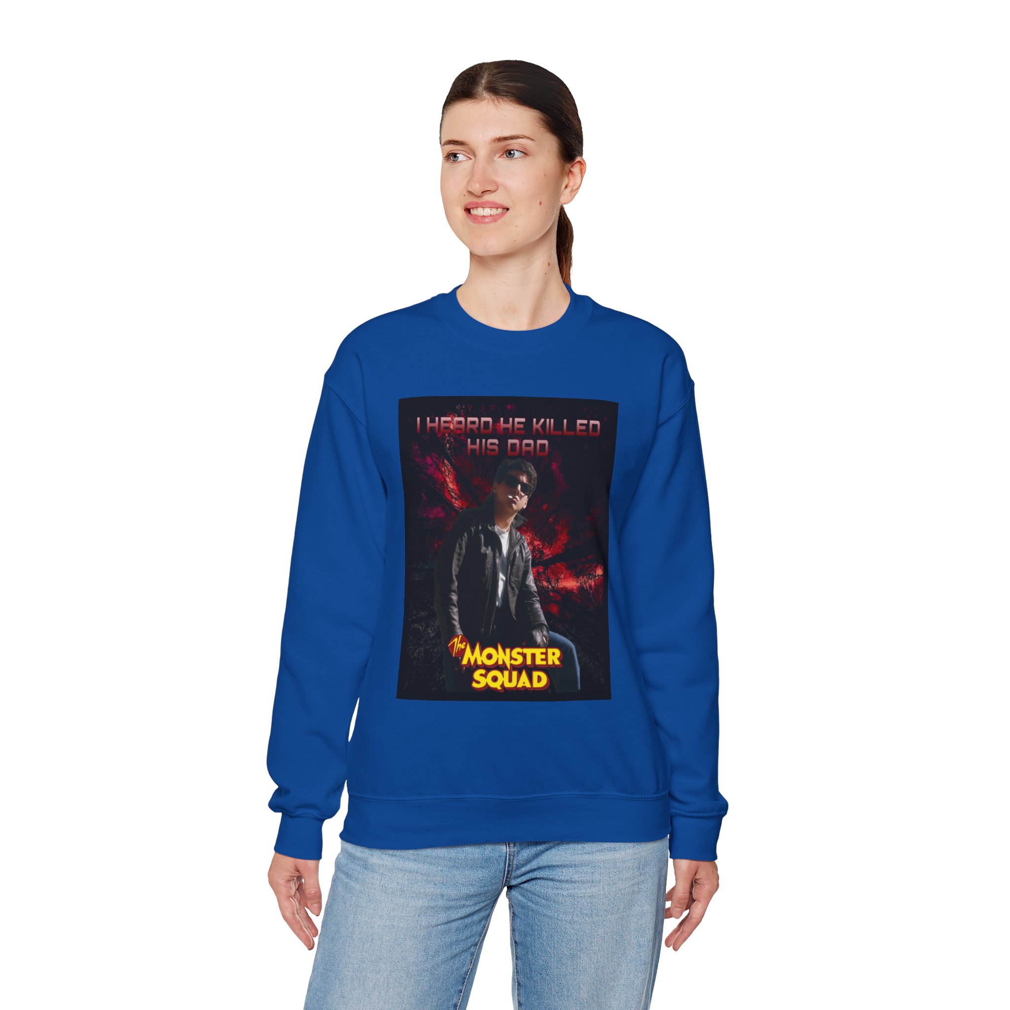 Monster Squad Crewneck Sweatshirt — “I Heard He Killed His Dad” Horror Graphic - Image 39