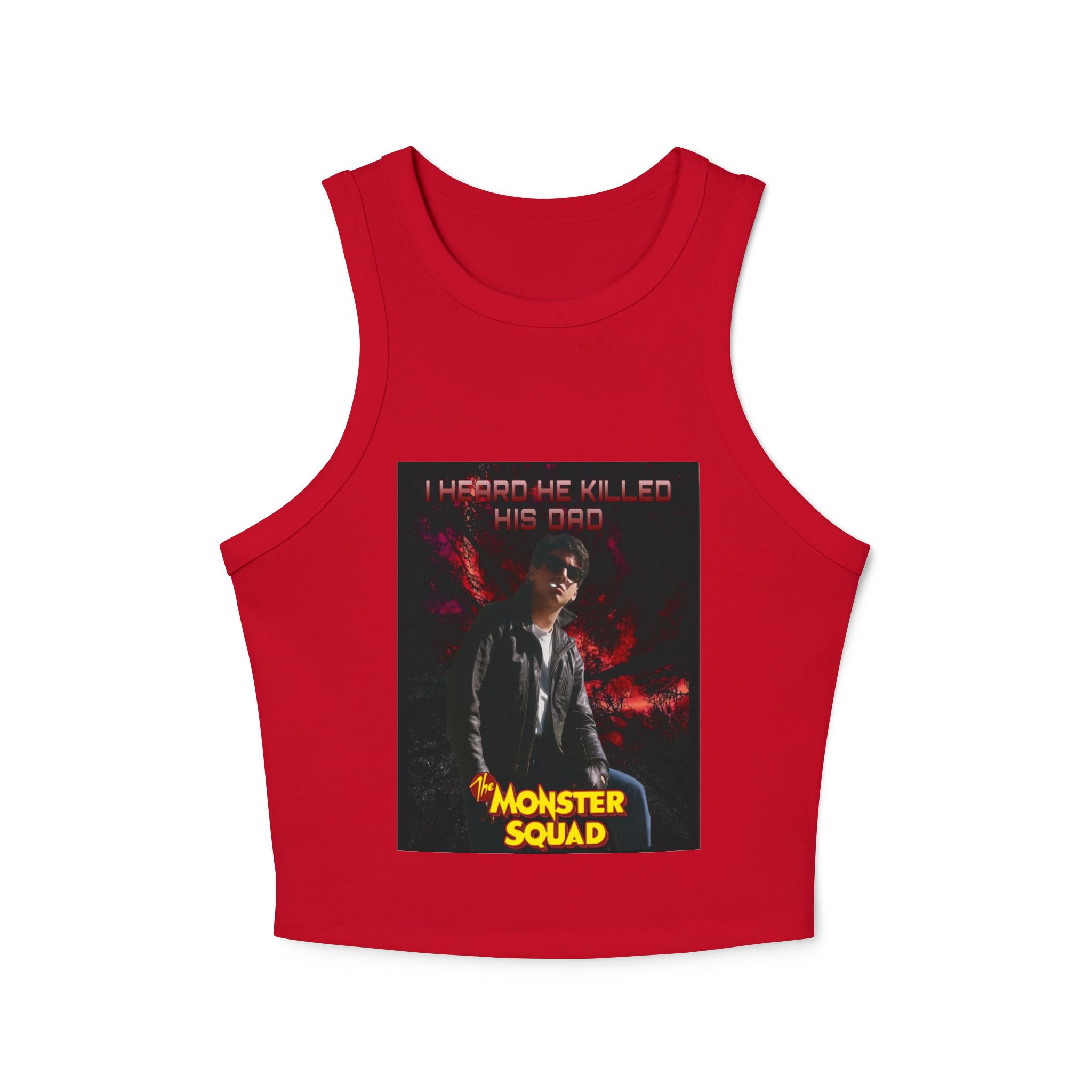 Monster Squad Graphic Tank Top — "I Heard He Killed His Dad" Retro Horror Crop - Image 21