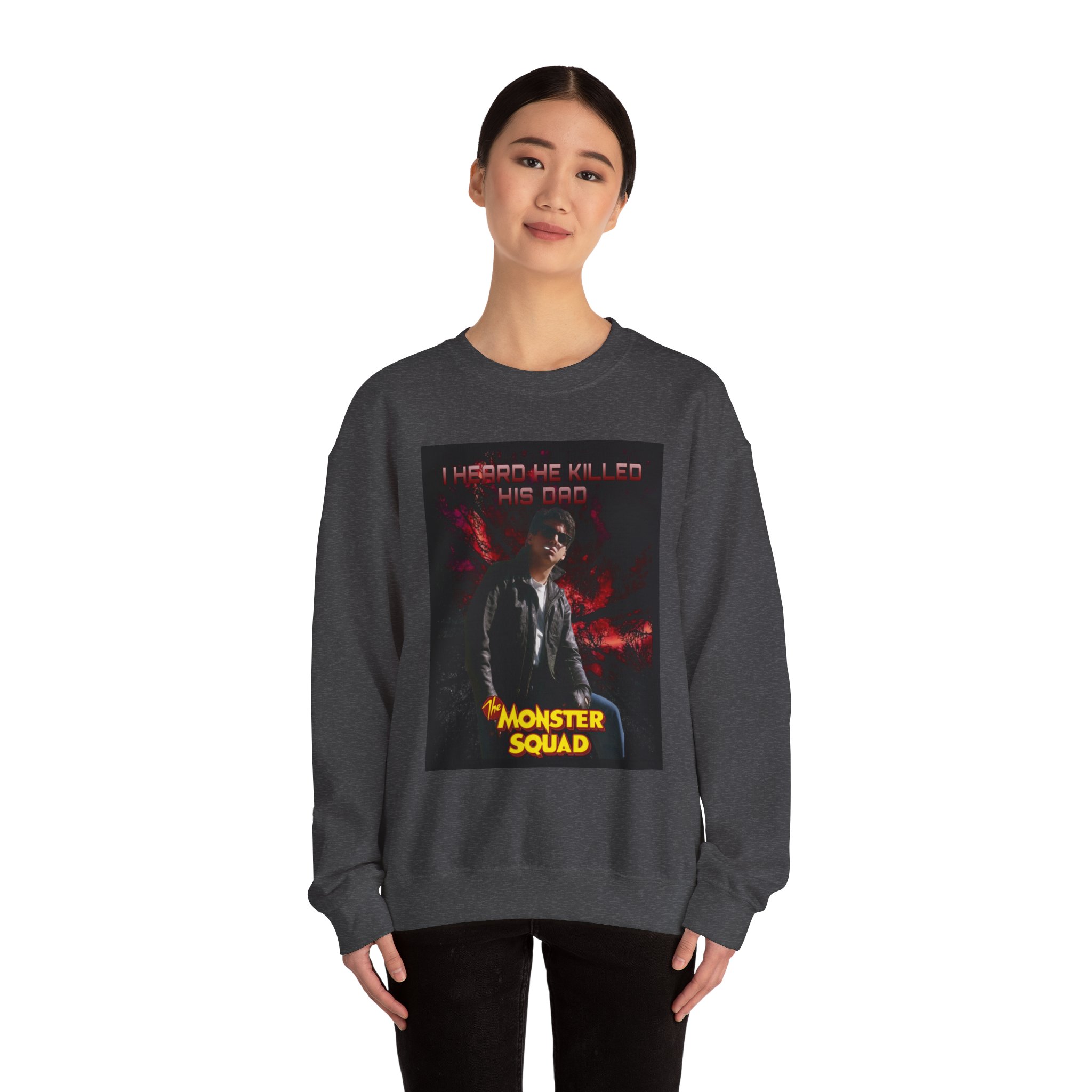Monster Squad Crewneck Sweatshirt — “I Heard He Killed His Dad” Horror Graphic - Image 20