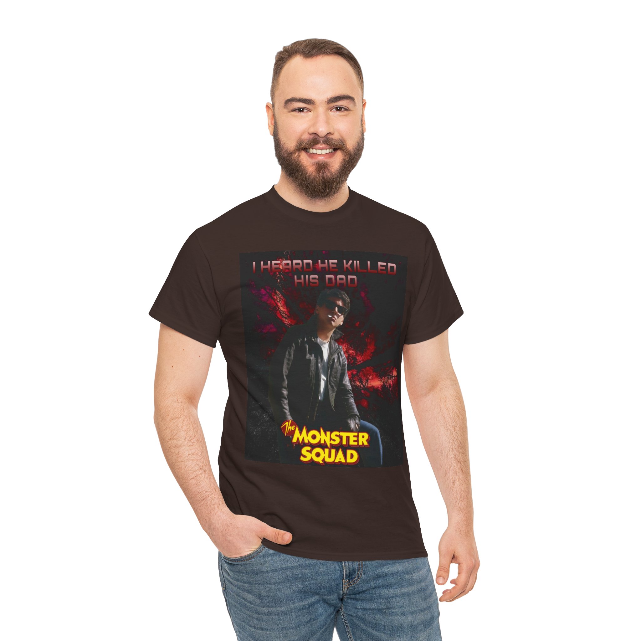 Monster Squad Graphic Tee — “I Heard He Killed His Dad” Horror Movie T-Shirt - Image 18